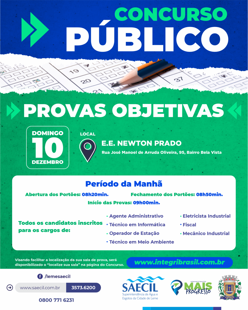 PROVAS OBJETIVAS PARA O CONCURSO PÚBLICO DA SAECIL OCORREM NO DOMINGO, DIA 10