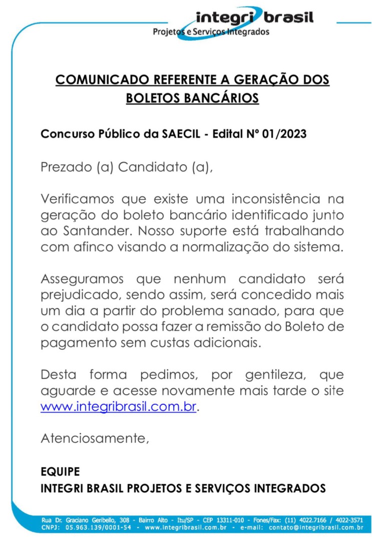 COMUNICADO DA INTEGRIBRASIL REFERENTE A GERAÇÃO DOS BOLETOS BANCÁRIOS