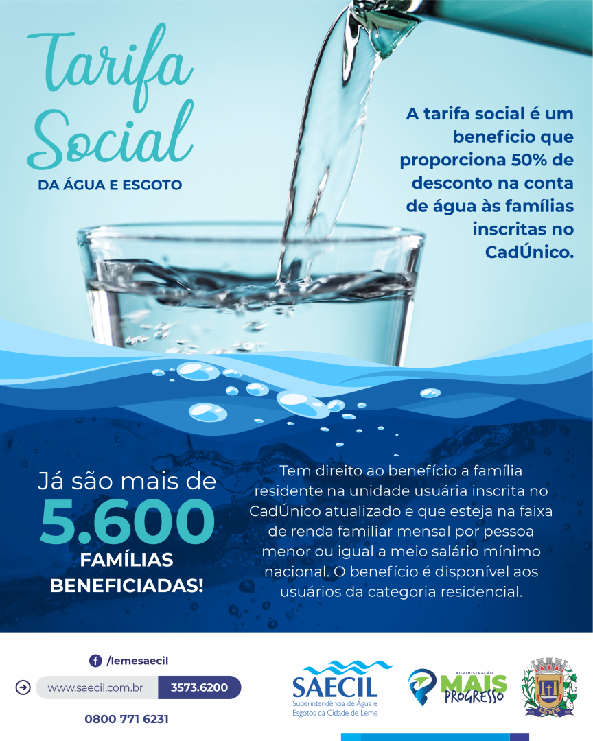 5.621 LIGAÇÕES DOMICILIARES RECEBEM O BENEFÍCIO DA TARIFA SOCIAL DA ÁGUA