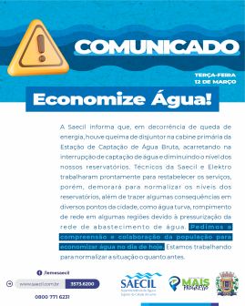 COMUNICADO: ECONOMIZE ÁGUA NO DIA DE HOJE